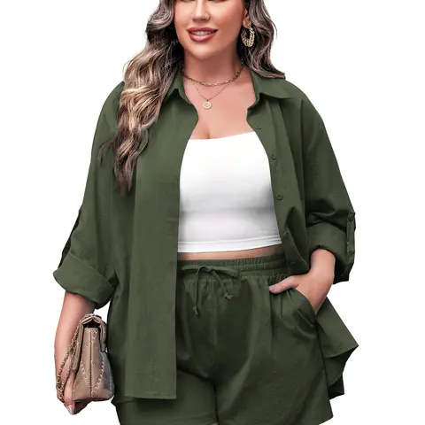 Women's Plus Size 2-Piece Cotton Linen Athleisure Tracksuit - Collared Neck Button Crop Short-Sleeve Blouse/Shirt, Elastic Drawstring Bottoms, Breathable Solid Outfit for Full-Figured Woman Style Beach Holiday