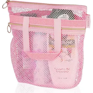 Mesh Shower Caddy Portable 10.2x9.9'' Shower Bag with Zipper & 2 Pockets. Shower Tote Ideal for Gym, Travel, Camp, Beach, for Sunscreen, Dorm & College Essentials (Pink)