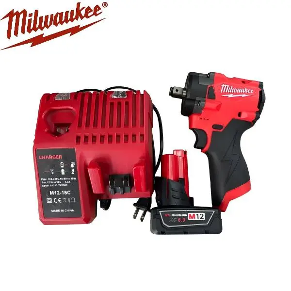 Milwaukee M12 12V Cordless Impact Wrench Kit - 3/8"-1/2" Dual Drive, 220N-m Max Torque, 0-2400r/min No-Load Speed, Includes Battery & Charger, for Tight-Space Repair, Mechanical Fastening Work power construction hardware high-quality accessory cross