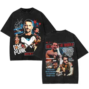 Vintage WWE CM Punk Washed T-Shirt Vintage Graphic Design Iconic Wrestling Print Classic Fan Apparel Cotton Fabric Graphic Tee Top Seamless Oversized