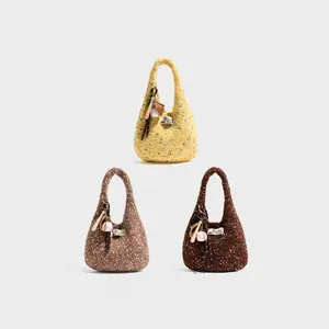 Handmade Crochet Knitted Hobo Bag for Women, Soft Yarn Shoulder Tote Handbag with Keychain Charm, Lightweight Boho Casual Purse for Daily Use, Travel, Shopping & Gifts (3 Color Set: Yellow, Brown, Coffee)