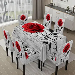 5/7-piece 2D Flat Printing Red Rose with Black and White Wood Grain Background Printing Pattern Tablecloth and Chair Cover Set, for dining table and chair decoration, perfect for home, holiday gatherings, restaurants, and parties, Chair Covers Set