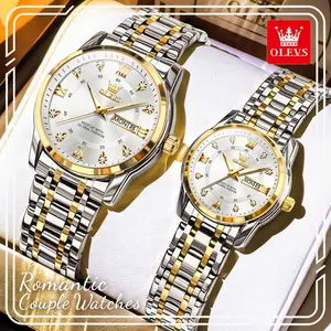 OLEVS 5513 Romantic Couple Watches, Minimalist Two-Tone Quartz Watch Set, Waterproof Luminous Day-Date Wristwatches, Elegant Holiday Gift for Lovers