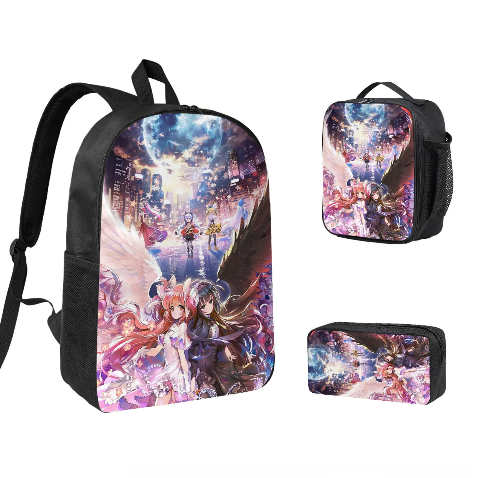 Puella Magi Madoka Magica 3 PCS Backpack Set, Durable School Bookbag with Insulated Lunch Bag & Pencil Case for Teens Boys Girls, Comfortable Travel Daypack Gift for Fans d-212