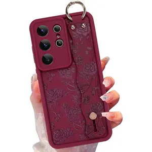 Silicone Case for Samsung Galaxy S26 Ultra with Strap, Cute Rose Flowers Floral Phone Case for Girl Women, Adjustable Finger Strap Shockproof Protective Cover, Red Rose