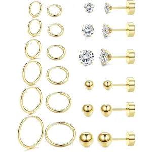 Jstyle 12 Pairs Earrings Sets for Multiple Piercing Hypoallergenic Stainless Steel Cartilage Hoop Stud Earrings Small Huggie Hoop Earrings Tiny Ball CZ Flat Back Earrings for Women Lobe Helix Cartilage Earrings Daily