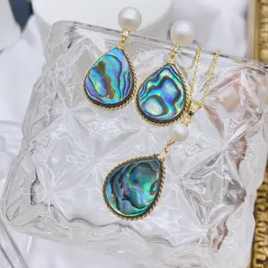 Silver Natural Freshwater Pearl Earrings Necklace Set Needle Light Luxury Natural Abalone Shell Earrings French Premium