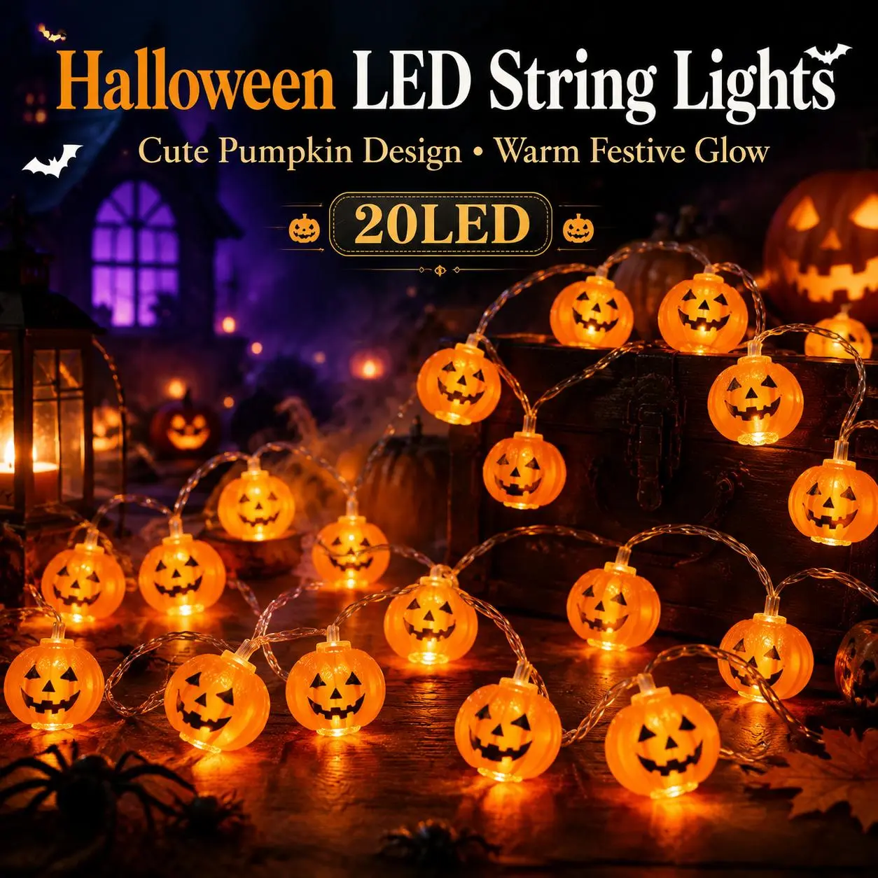 Retro 20-LED Pumpkin Garland, Halloween Home Decor for Fireplaces, Party Venues, Door & Window Displays