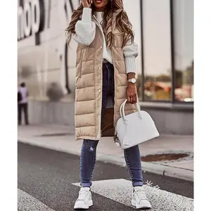 Women's Long Hooded Vest | Casual sleeveless polyester quilted jacket with front zipper closure and pockets | Solid black | Warm, non-stretch fabric | Ideal choice for layering in autumn and winter