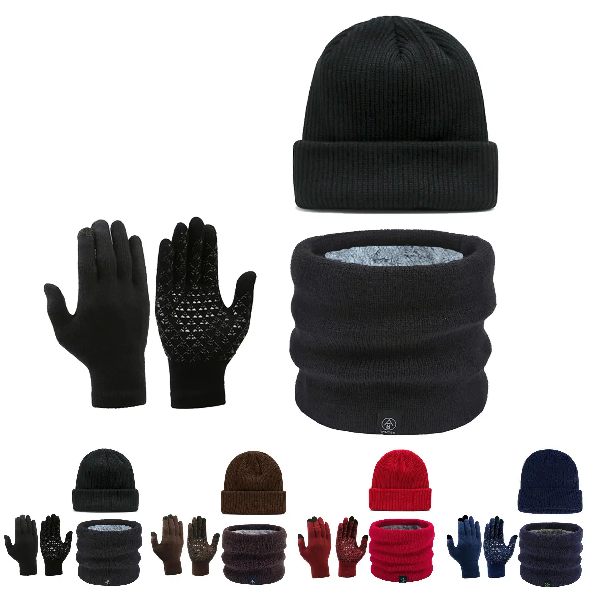 FEITAI Men's-Women's 3-Piece Winter Warm Knit Fleece-Lined Set, Touchscreen Gloves, Skull Cap, Neck Scarf, Fashion Accessory Winter Gift