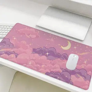 Dreamy Cloud Pink Sky Moon and Stars Pattern Mouse Pad, Non-slip Rubber Base Stitched Edge Desk Pad, Office Desk Accessories for Laptop Desktop, Desktop Accessory, Fun Desk Supplies, Desk Decor, Computer Desk Accessories