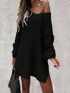 【Plus Size】 Women's Solid Color Sweater Dress, Casual Comfy Chic Knit Dress for Fall & Winter, Women's Plus Clothing for Daily Wear