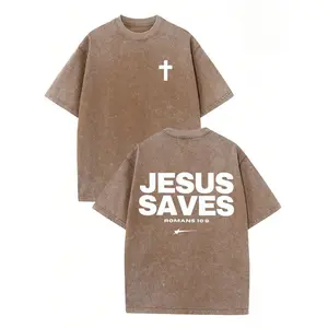 Jesus Saves Letter Print T Shirt,Retro Washed T-Shirt Double Sided Printed (230 Pure Cotton T-Shirt),Christian Gift, Men's T-Shirt, Men's Casual, Comfortable, Fashionable T-Shirt, Street Style Cotton