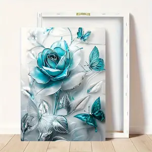 Elegant Turquoise Blue Crystal Rose & Teal Butterflies Canvas Wall Art with Wooden Frame - Classic Decorative Poster for Living Room, Bedroom, Home Office - Aesthetic Indoor Decor, Ready to Hang, Room Decor