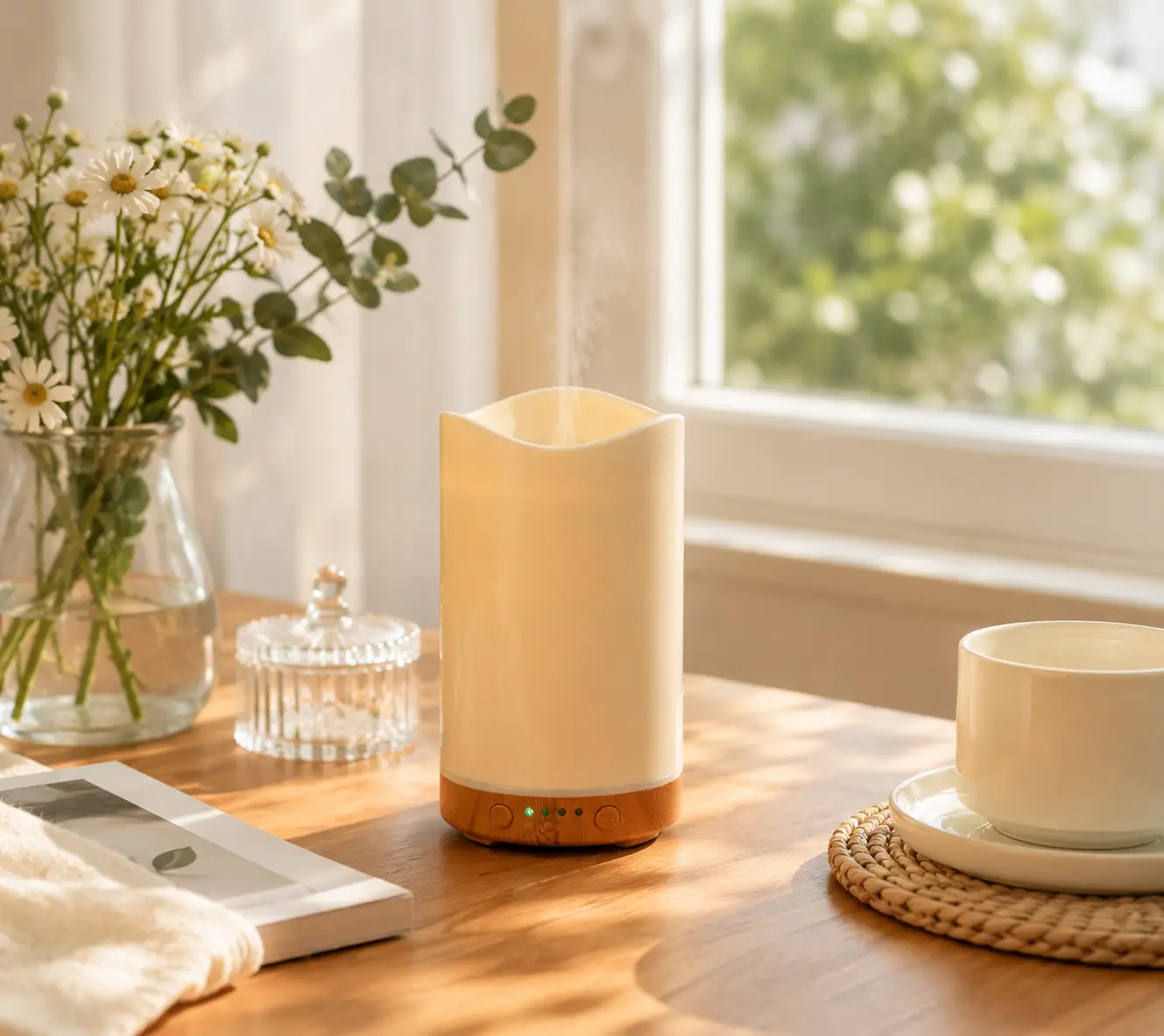 4-in-1 Flameless Candle Aroma Diffuser - Warm Light Essential Oil Diffuser with Cool Mist Humidifier, Quiet Mist Maker, Home Decor Night Ambience for Bedroom & Living Room, Christmas Gift