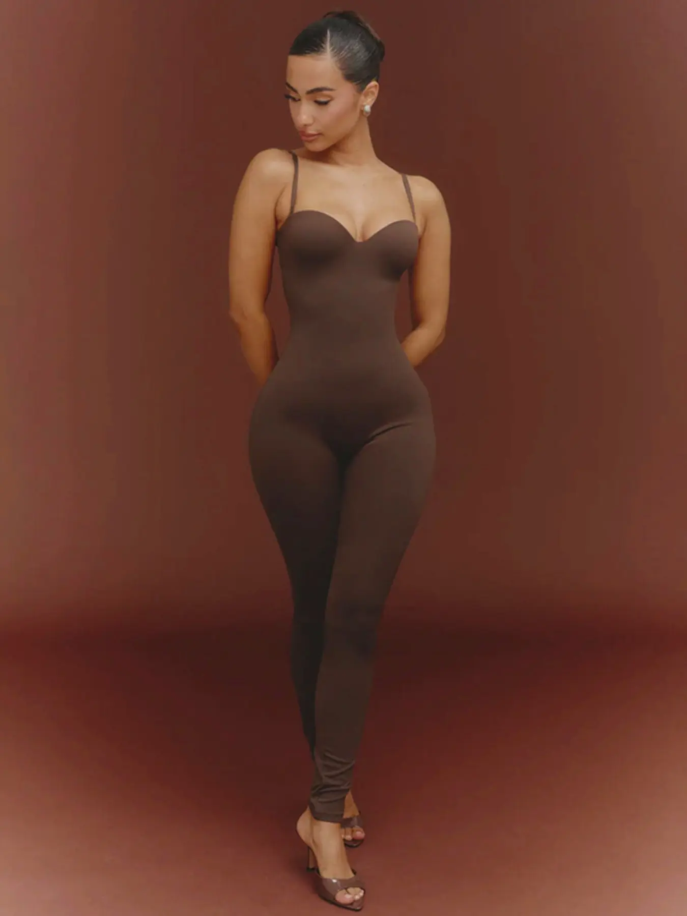 Women's Fashion Minimalist Solid Color Fitted Bodycon Cami Spaghetti Strap Jumpsuit with Detachable Straps, Ideal for Date & Everyday Wear, Comfortable Stylish Summer Wear