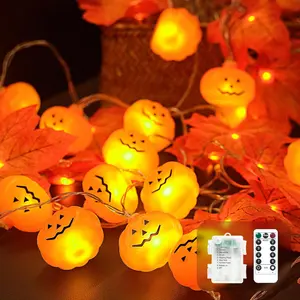 Halloween String Lights 30-LED Pumpkin & Maple Leaf 15FT 8 Modes Remote Timer IP65 Waterproof Battery-Powered for Indoor Outdoor Decorations