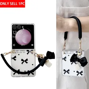 Transparent bowknot, heart shape, flower pattern phone case, equipped with a carrying strap, with a hard PC back panel to protect the phone. Suitable for Samsung Galaxy Z Flip7, Z Flip7FE, Z Flip6, Z Flip5 Cover.