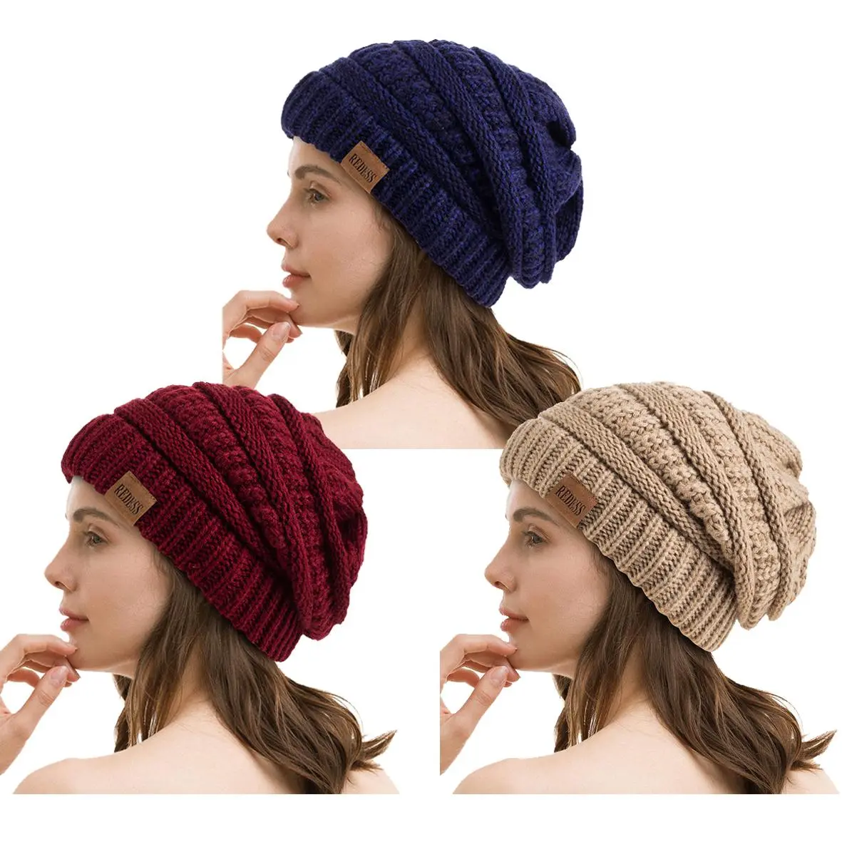 REDESS Women’s 3PC Winter Slouchy Cable Knit Beanies, Thick Warm Hats for Women