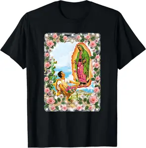 Pure Cotton Tee Our Lady of Guadalupe Virgin Mary Catholic Beautiful Roses T-Shirt Fabric Summer