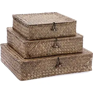 Flat Wicker Basket Bins with Lid - Set of 3 Handwoven Seagrass Basket Shelf Baskets Boxes Multipurpose Home Organizer Bins Boxes for Shelf Pantry Closet,Large Size 14.8"x13" Coffee