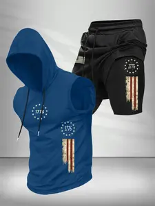 Men's Summer Casual Set, Patriotic Flag Print Design, Includes Hooded Tank Top, Short Sleeve T-Shirt, Sporty Basketball Shorts