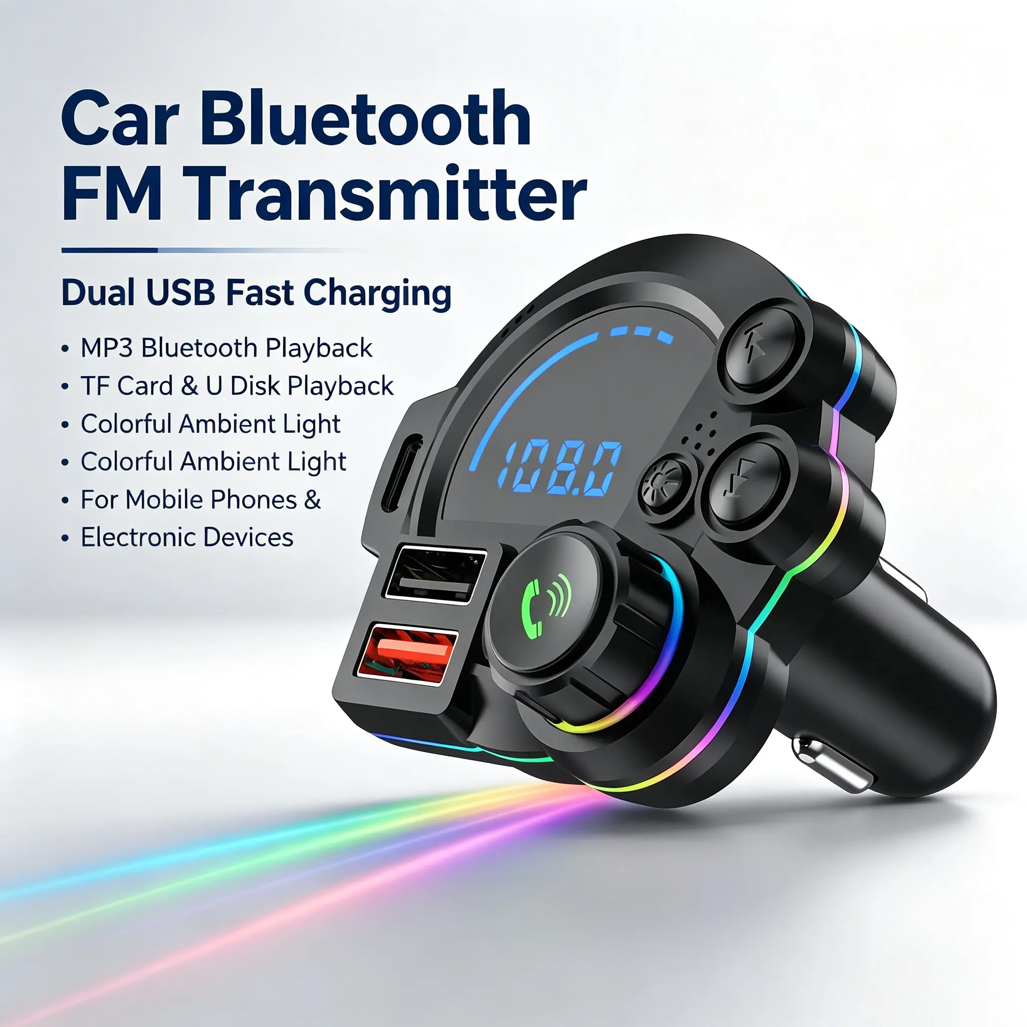 PD 30W Type-C Car Charger & Bluetooth 5.3 FMTransmitter, Wireless MP3 Player with Dual USBPorts, Bass Sound Enhancer, RGB Glowing RadioAdapter, Hands-Free Calls, Car Accessories &Road Trip Essentials, Compatible with 12V-24V usb fast colorful light