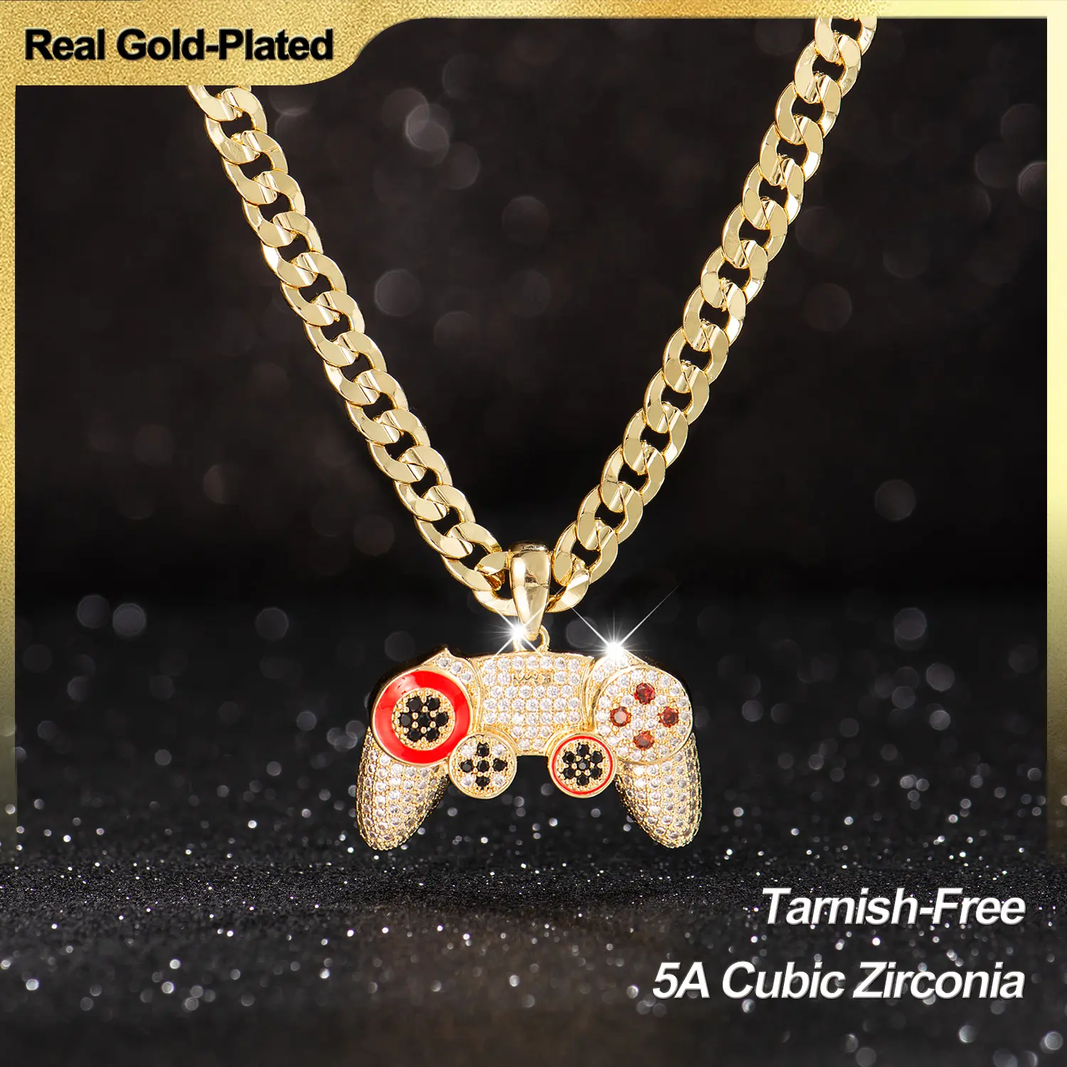 Holylegend 14K Real Gold-Plated Game Controller Necklace, Sony-Inspired CZ Diamond Pendant, 24" Rope &  Cuban Chain, Hip Hop Jewelry Gift for PlayStation Fans, Cuban Link Chain,Father's Day Gift summerwins