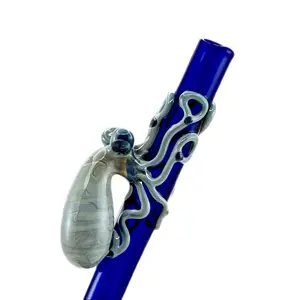 Octopus Glass Straw. Eco Friendly Reusable dishwasher safe  Sturdy Drinkware. Cobalt Blue Straw and Silver Amethyst Octopi