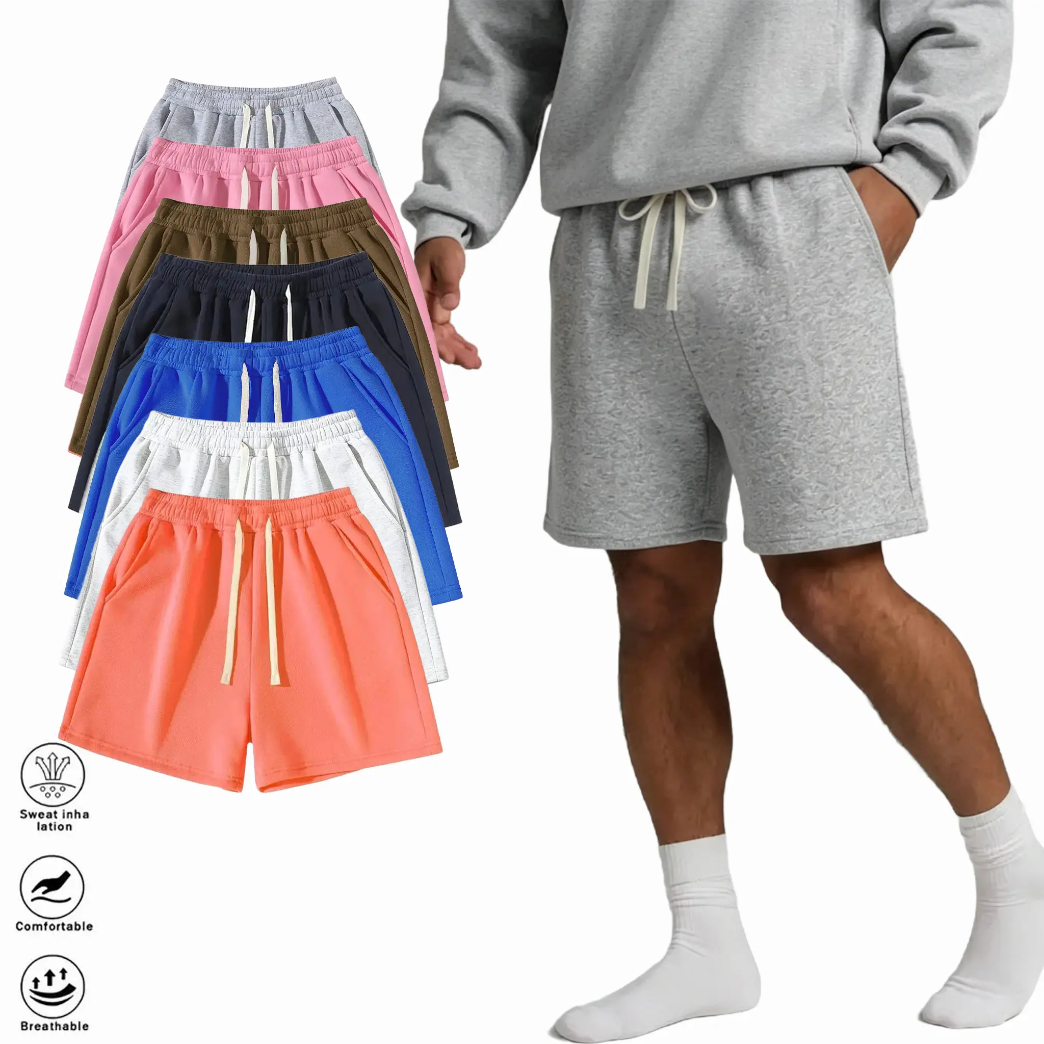 Men’s Solid Color Slim Fit 4 Inch Thickened Fleece Lightweight Casual Shorts (Pack of 3) – Comfortable men’s undergarments, elastic waistband with drawstring design, suitable for summer vacations and everyday wear.