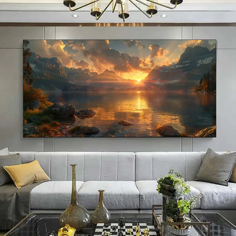1 piece framed canvas painting - Mountain Lake sunset canvas art - modern landscape painting, tranquil lake, snow mountains and vibrant sunset sky, lake house decoration, suitable for living room, bedroom, office decoration