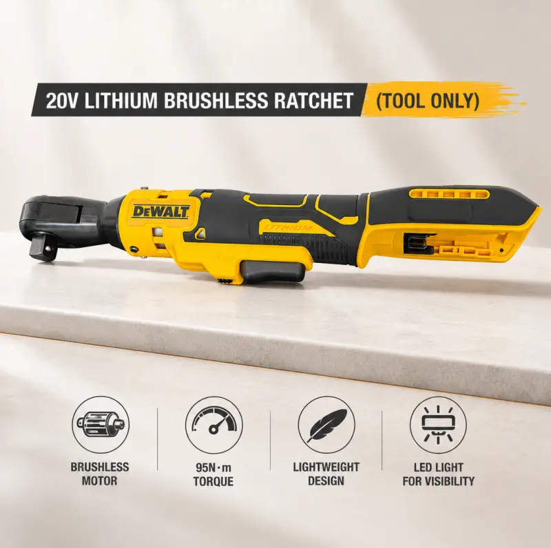 DEWALT DCF512 20V Brushless 1/2-Inch Cordless Ratchet Wrench, 95 Nm High Torque, LED Lighting, Bare Tool (Battery Not Included) for Auto Mechanical Repair