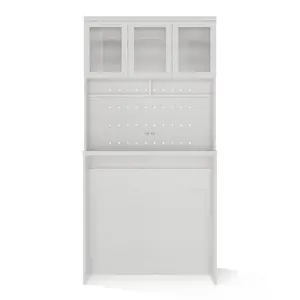 Dish Rack with Trash Can Shelf & Microwave Stand, 35.4" Wide Kitchen Storage Cabinet, Glass Door, Adjustable Shelves, Multi-Purpose Organizer for Kitchen, Living Room, Bathroom