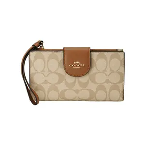 Coach Tech Wallet 18 for Women – Signature Snap-Closure Multi-Slot Cardholder in Canvas and Smooth Leather, Khaki and Saddle Tan