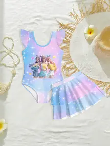 Girls' Blue Gradient Star Swimsuit Set, K-Pop Sweet Cool Cartoon Girl Pattern, Summer Beachwear, Slim-Fitting Sun Protection Swimwear Sets