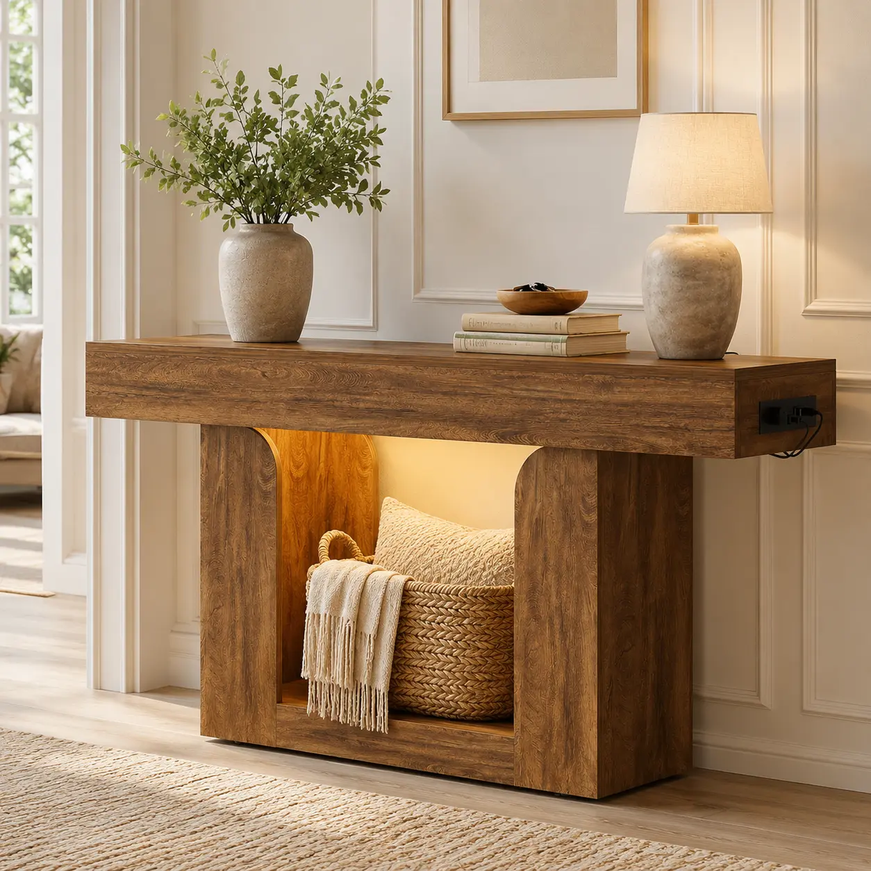 63" Entryway Console Table with Outlets & LED Lights, Farmhouse Entryway Table with Unique Geometric Pattern, Sofa Table Behind Couch with 2-Tier Storage for Living Room, Hallway