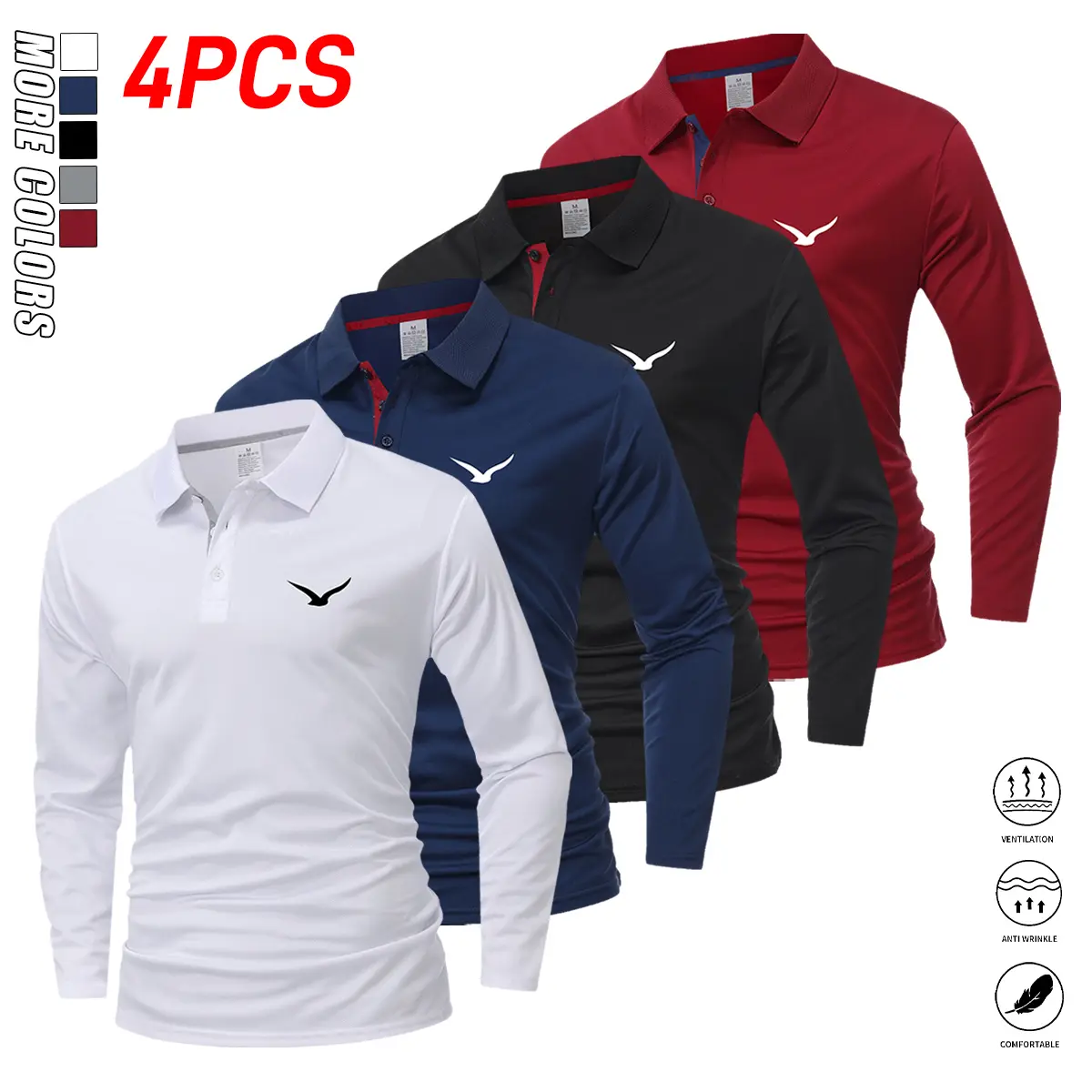 Men's Regular Fit Shirts, Long-Sleeve Sea Motif Design with Moisture-Wick Polyester for Gym & Golf Workouts