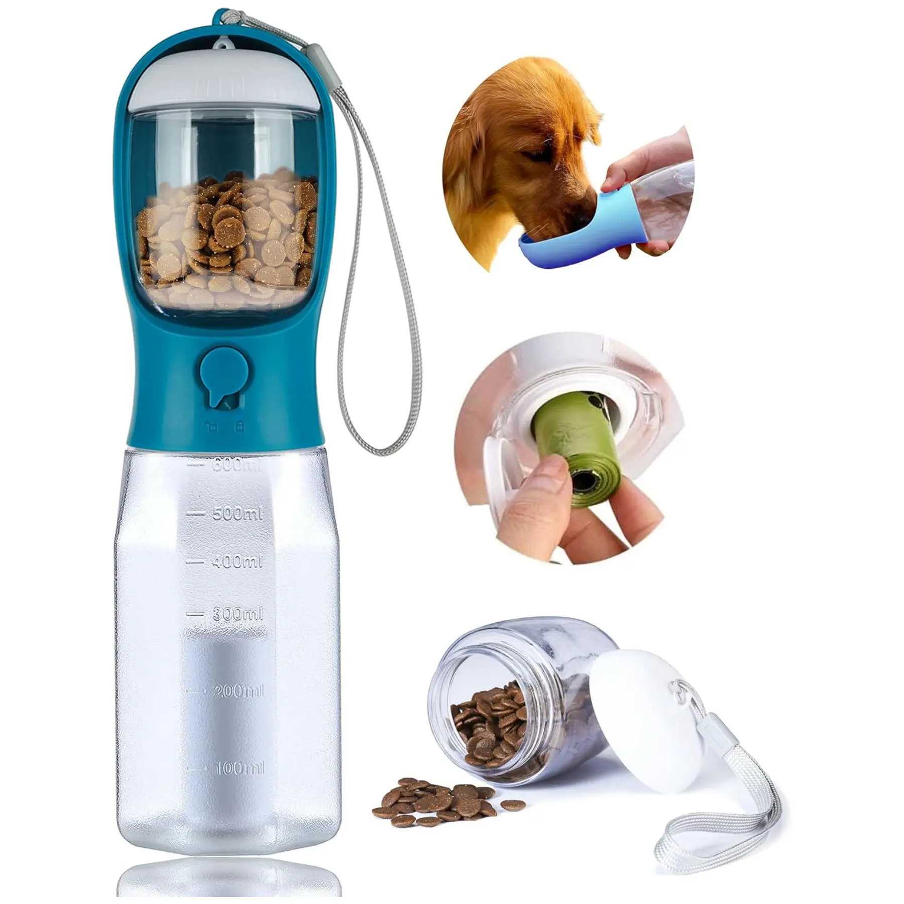 Multi-Functional Pet Feeding Water Bottle with Food Container, Portable Dog Drinking Fountain for Outdoor Walking Hiking Travel Puppy Supplies