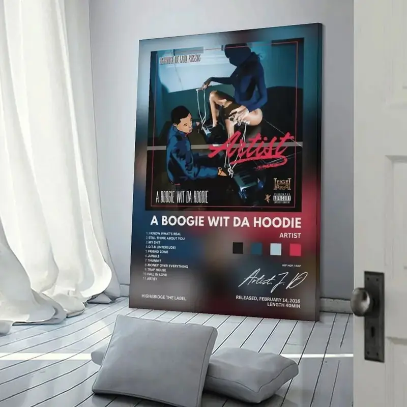 Aesthetic Hip Hop Rap Music Poster Art Print, A Boogie Wit Da Hoodie Artist Album Tracklist Retro Wall Decor, Premium Heavyweight Glossy Unframed, Room Decor Gift for Music Fans