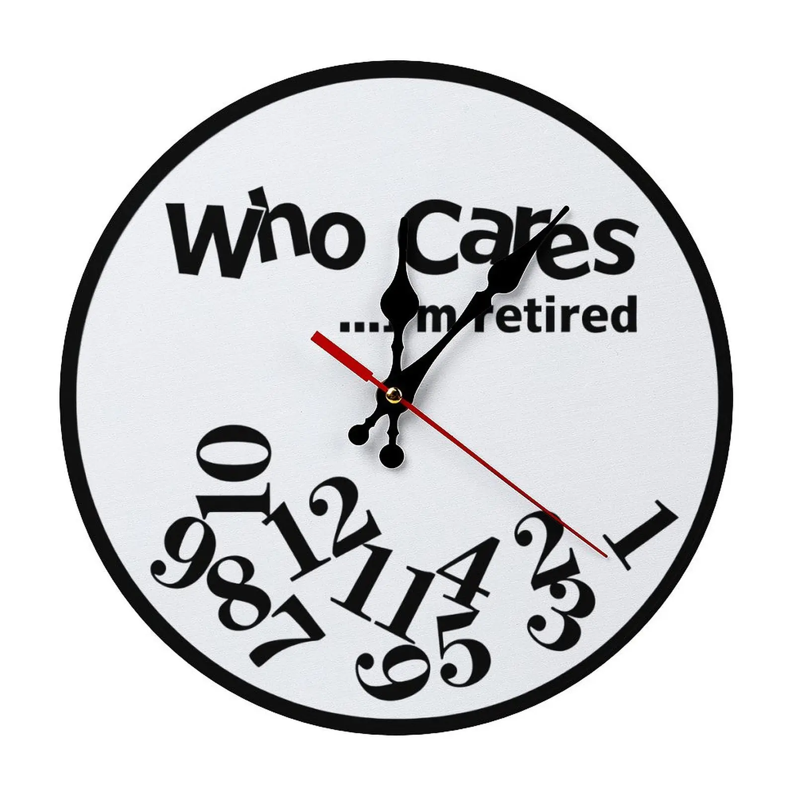 10x10in Farmhouse Wooden Round Silent Non-Ticking Analog Wall Clock - "Who Cares I'm Retired" Novelty, Distorted Numbers, Lightweight Hanging, Home Supplies, Room Decor, Adult Retirement Gift for Dads & Coworkers, Battery-Operated Kitchen Decor