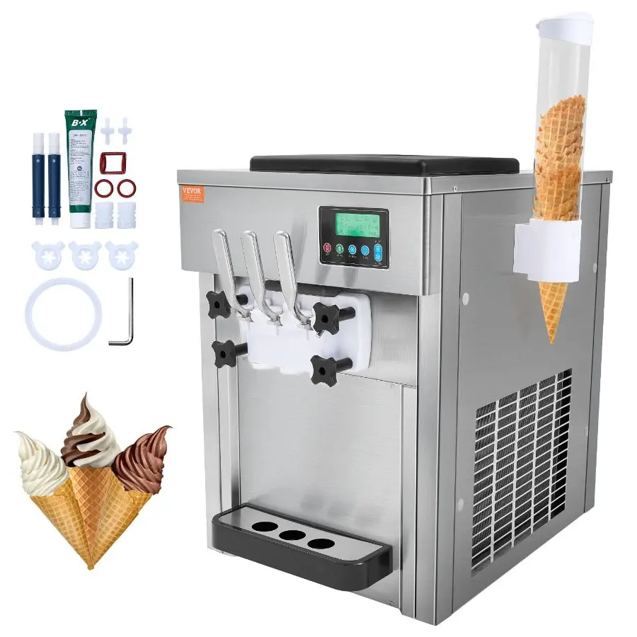 【DealsForYouDays】VEVOR Commercial Soft Serve Ice Cream Machine, 21 QT/H Yield, 1800W 3-Flavor Desktop Maker, 2x 4L Hoppers, 2x 1.8L Cylinders, LCD Panel, Auto Clean, Pre-Cooling, for Restaurant, Snack Bar, All Seasons Use