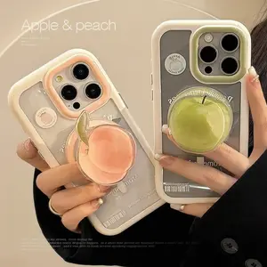 INS Green Apple Peach Magnetic Clear Phone Case For iPhone 16 15 13 14 12 11 Pro Max Wireless Charge Bracket Soft Silicone Cover
