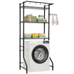 Black 3-Tier Over Washer and Dryer Storage Rack, Adjustable Shelf with Hangable Hanger Rod and Hooks, Single-Row Space-Saving Laundry Room Organizer with Room Accessories for Laundry Storage