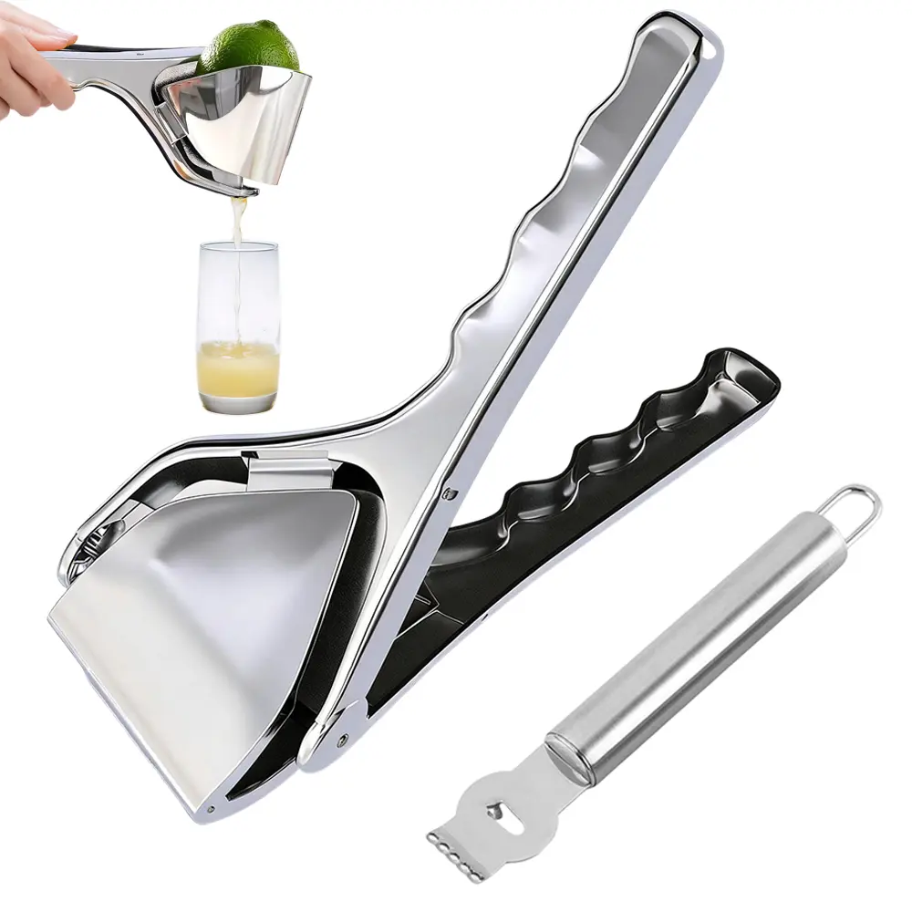 2Pcs Heavy Duty Manual Lemon Squeezer Set - Innovative Flat-Fold Zinc Alloy Fruit Juicer - Anti-Rust Hand Press with Stainless Steel Lemon Zester & Peeler Knife