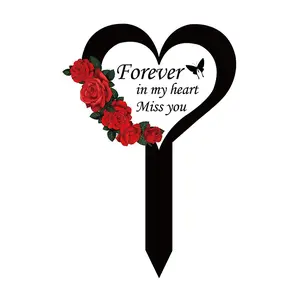 Heart Shaped Rose Graveyard Stake, 1 Count Outdoor Garden Graveyard Decoration, Acrylic Rose Plaque, Garden Sculptures Statues, Garden Decoration Supplies