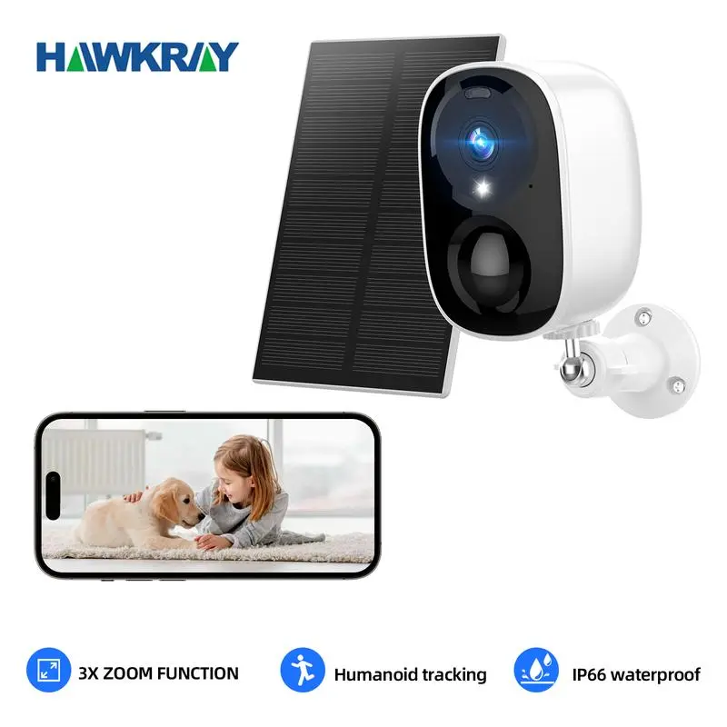 Hawkray Solar Security Cameras Outdoor, 2K Battery Powered WiFi Bluetooth Surveillance Wireless Outdoor Cameras for Home Security System, Night Vision, Motion Detection, 2-Way-Talk, IP65 Weatherproof