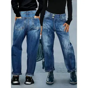 Women’s casual fitted straight-leg denim jeans with pockets, vintage bohemian style, button fly closure, suitable for all seasons, for home and daily wear, womenswear