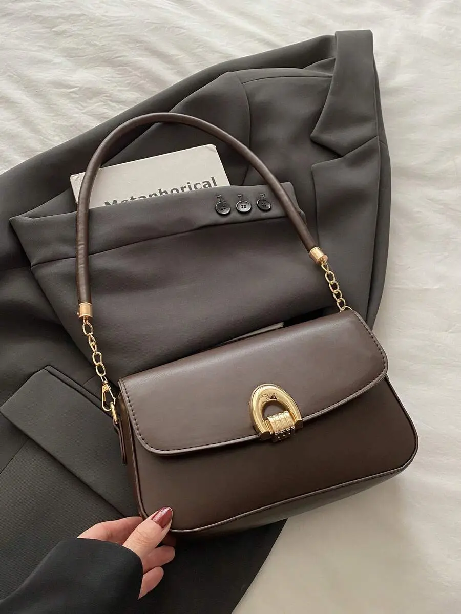 Women's Plain Synthetic Leather Shoulder Bag - Solid Color, Metal Decor, Chain Strap, Multi-Functional Underarm Design, Ideal for Shopping