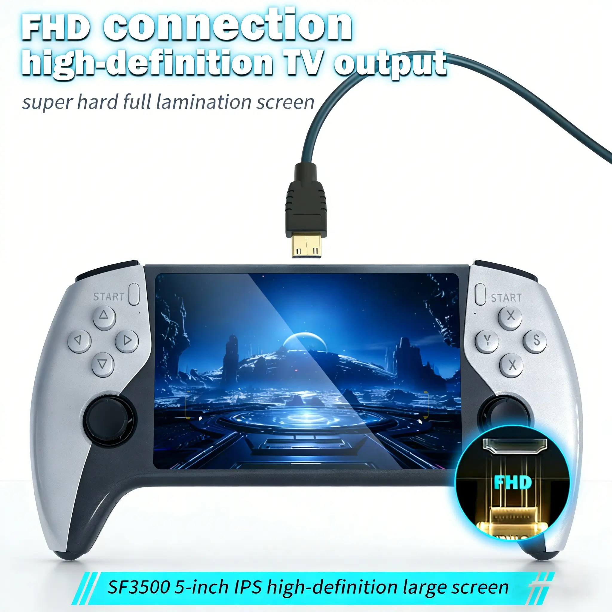 New Sf3500 Retro Vintage Handheld Game Console, Video Game Machine, 5 Inch IPS Screen, 3000mah Portable Video Player, Ergonomic Design with Stand, Birthday Gift
