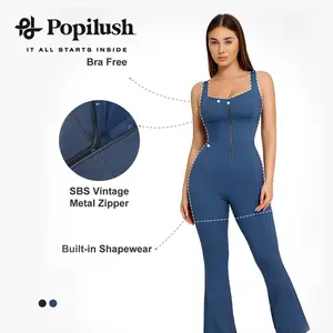 Popilush The Shapewear Denim Square Neck Tank Top Flare Jumpsuits Womenswear Comfortable Fabric Sleeveless Minimalist-LIVE